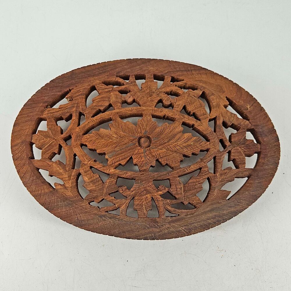 Vintage Hand Carved Wood Trivet Footed Flowers India oval